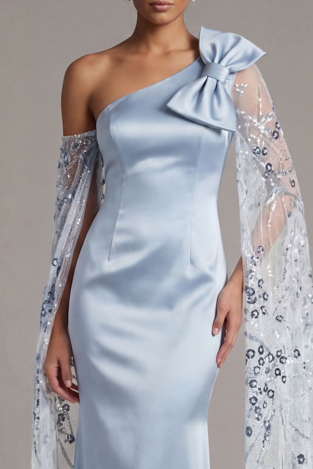 Floral Long Sequin Sky Blue Mermaid Mother of the Bride Dress with Cape