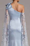 Floral Long Sequin Sky Blue Mermaid Mother of the Bride Dress with Cape