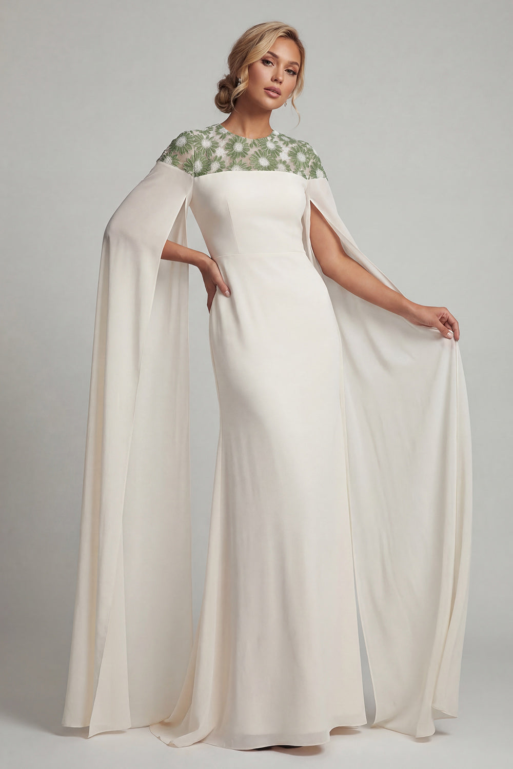 Floral Ivory Long Round Neck Mermaid Mother of the Bride Dress with Cape