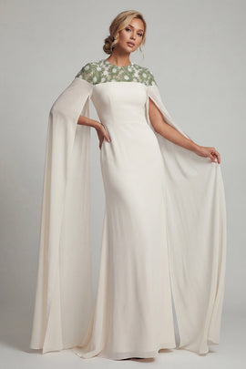 Floral Ivory Long Round Neck Mermaid Mother of the Bride Dress with Cape