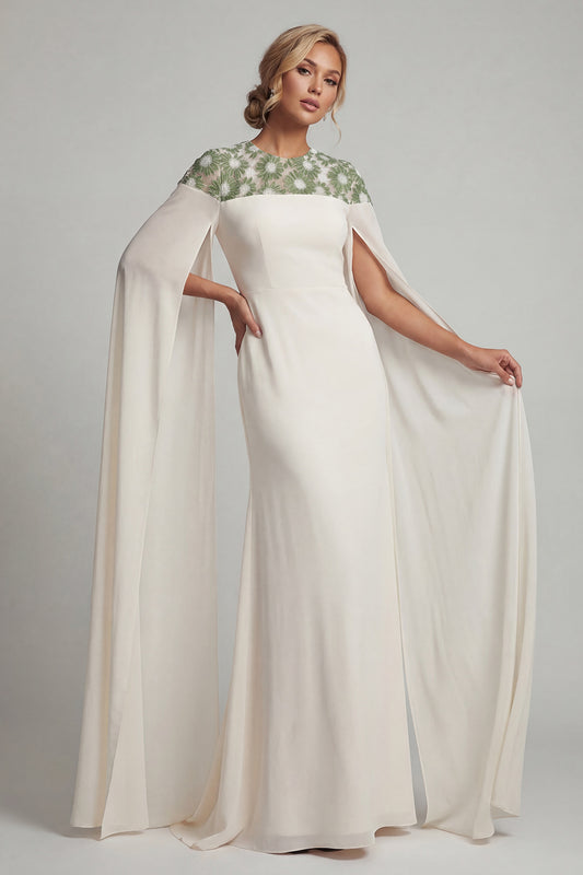 Floral Ivory Long Round Neck Mermaid Mother of the Bride Dress with Cape