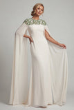 Floral Ivory Long Round Neck Mermaid Mother of the Bride Dress with Cape