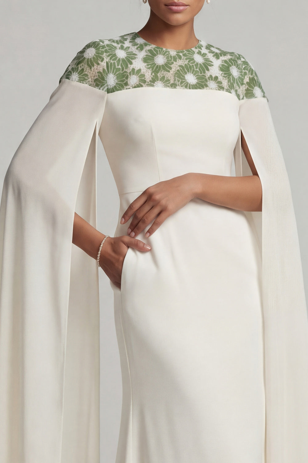 Floral Ivory Long Round Neck Mermaid Mother of the Bride Dress with Cape