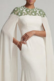 Floral Ivory Long Round Neck Mermaid Mother of the Bride Dress with Cape