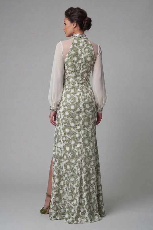 Floral Long Green Mermaid High Neck Mother of the Bride Dress with Slit