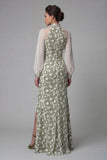 Floral Long Green Mermaid High Neck Mother of the Bride Dress with Slit