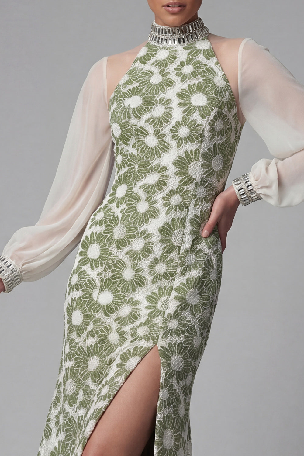 Floral Long Green Mermaid High Neck Mother of the Bride Dress with Slit