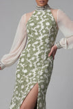 Floral Long Green Mermaid High Neck Mother of the Bride Dress with Slit