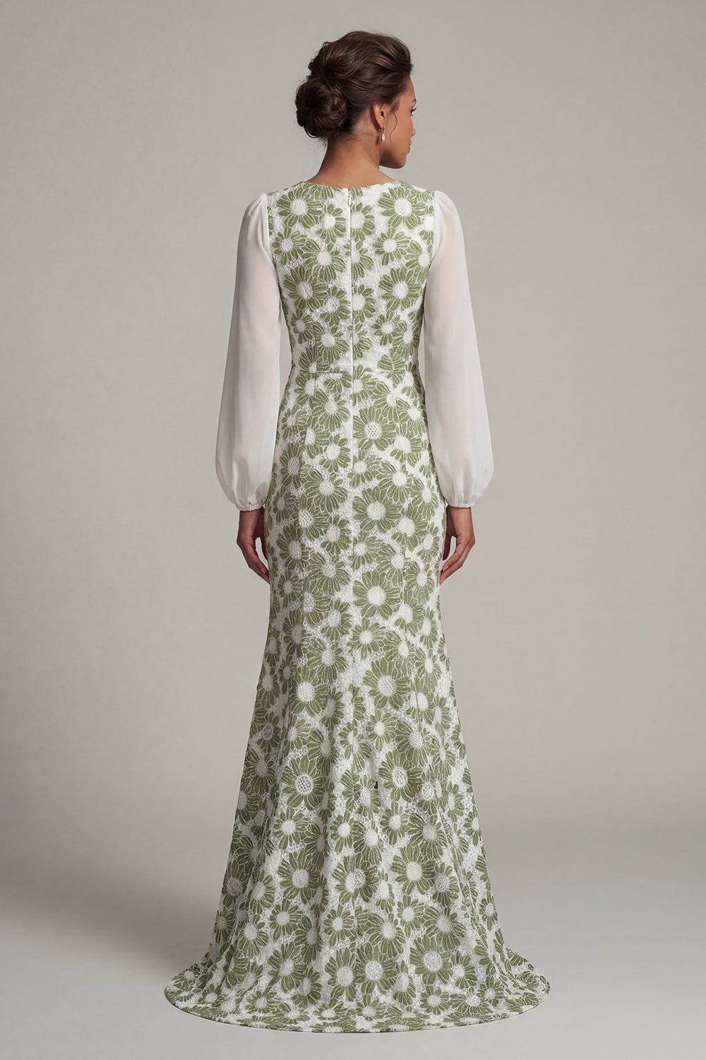 Floral Long Sleeves Green Mermaid Mother of the Bride Dress with Slit