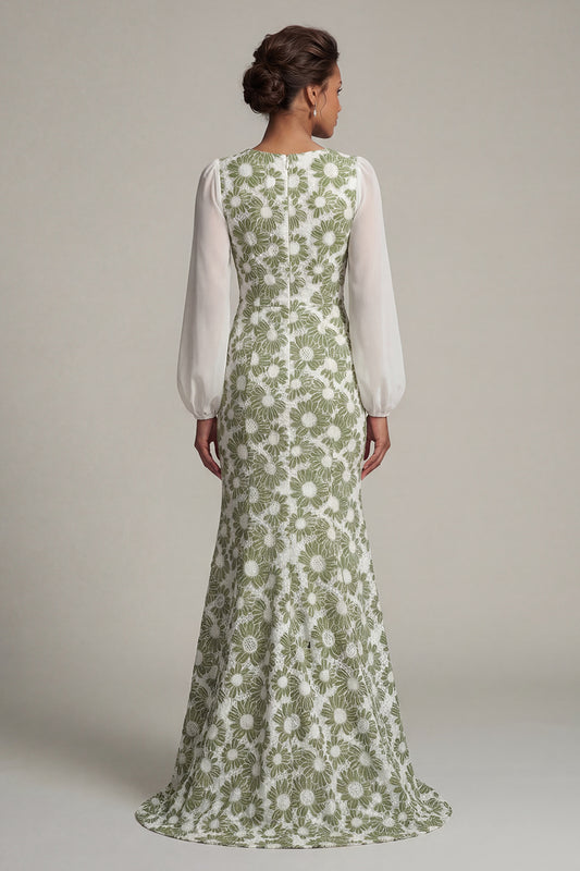 Floral Long Sleeves Green Mermaid Mother of the Bride Dress with Slit