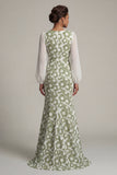 Floral Long Sleeves Green Mermaid Mother of the Bride Dress with Slit