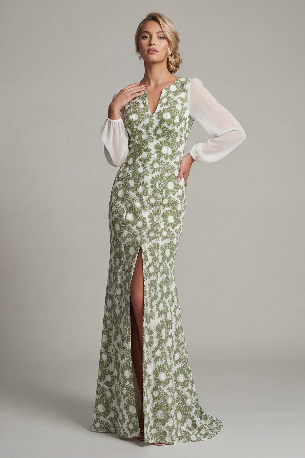 Floral Long Sleeves Green Mermaid Mother of the Bride Dress with Slit