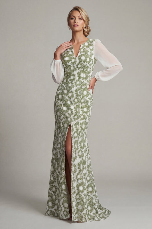 Floral Long Sleeves Green Mermaid Mother of the Bride Dress with Slit