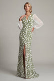Floral Long Sleeves Green Mermaid Mother of the Bride Dress with Slit