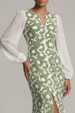Floral Long Sleeves Green Mermaid Mother of the Bride Dress with Slit