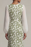Floral Long Sleeves Green Mermaid Mother of the Bride Dress with Slit