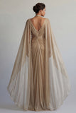 Sequin Long Sheath Sparkly Champagne Ruched Mother of the Bride Dress with Cape