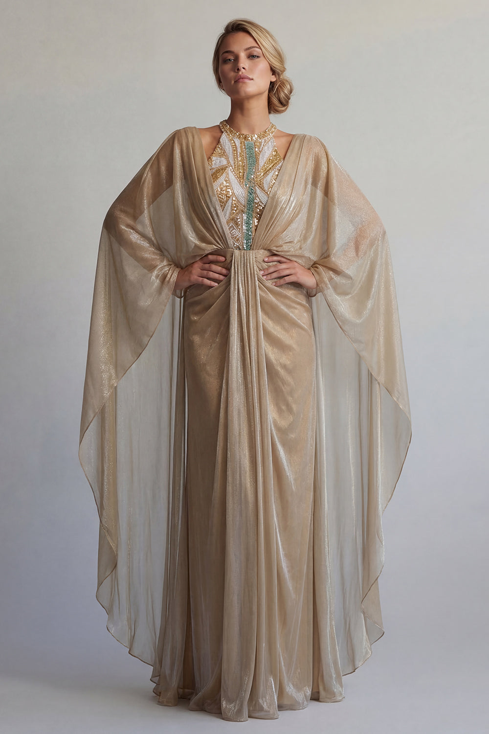 Sequin Long Sheath Sparkly Champagne Ruched Mother of the Bride Dress with Cape