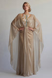 Sequin Long Sheath Sparkly Champagne Ruched Mother of the Bride Dress with Cape