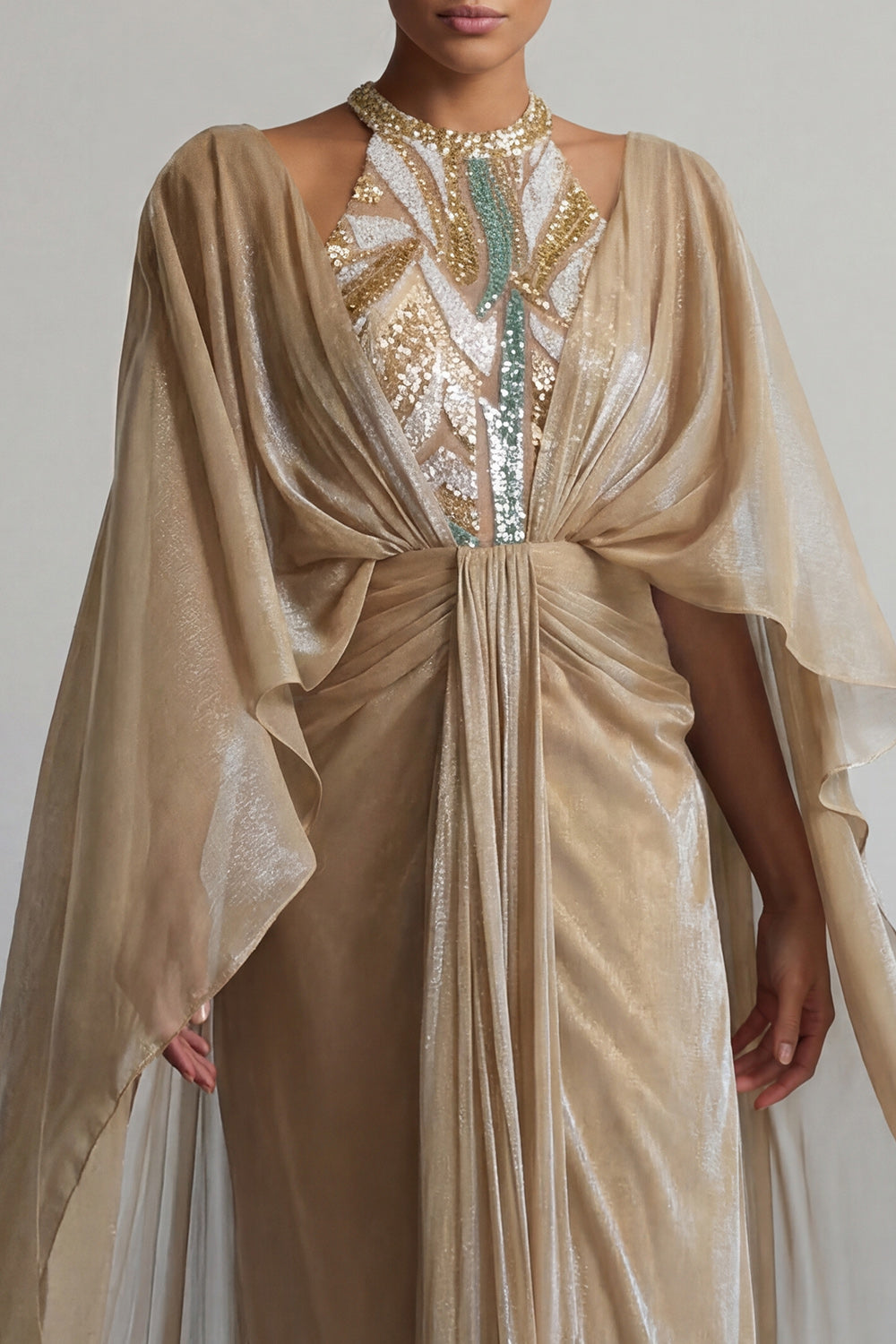 Sequin Long Sheath Sparkly Champagne Ruched Mother of the Bride Dress with Cape