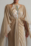 Sequin Long Sheath Sparkly Champagne Ruched Mother of the Bride Dress with Cape