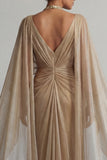 Sequin Long Sheath Sparkly Champagne Ruched Mother of the Bride Dress with Cape