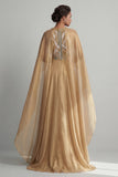 A Line Sequin Long Sparkly Champagne Mother of the Bride Dress with Cape