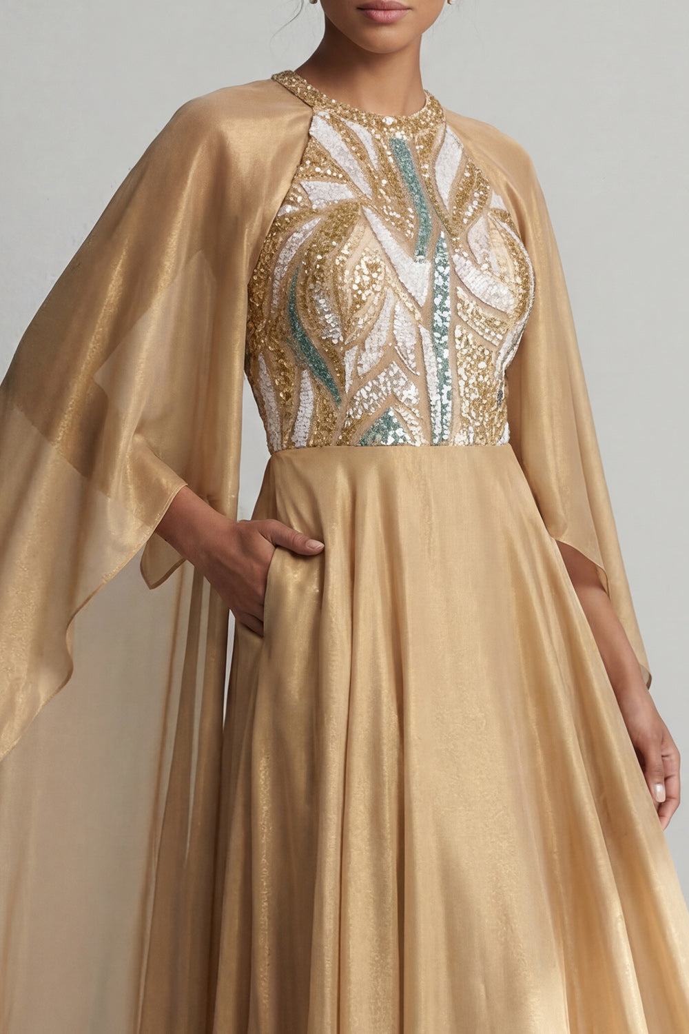 A Line Sequin Long Sparkly Champagne Mother of the Bride Dress with Cape