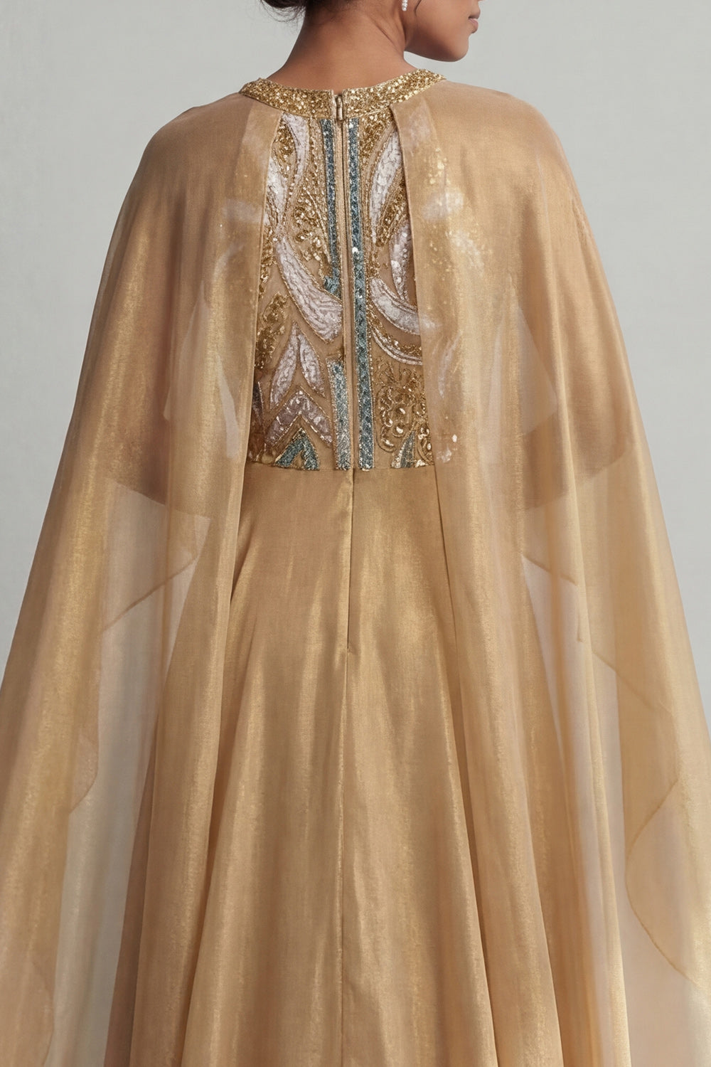 A Line Sequin Long Sparkly Champagne Mother of the Bride Dress with Cape