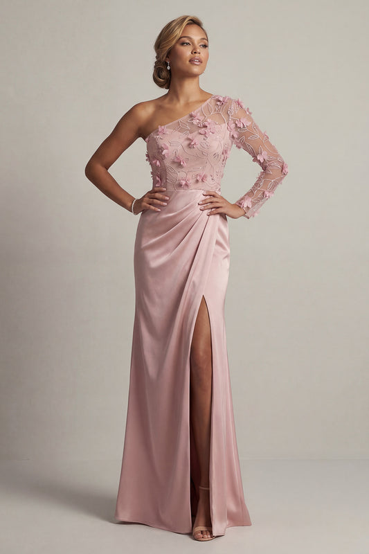 Dusty Rose Mermaid Ruched Long Floral Mother of the Bride Dress with Slit