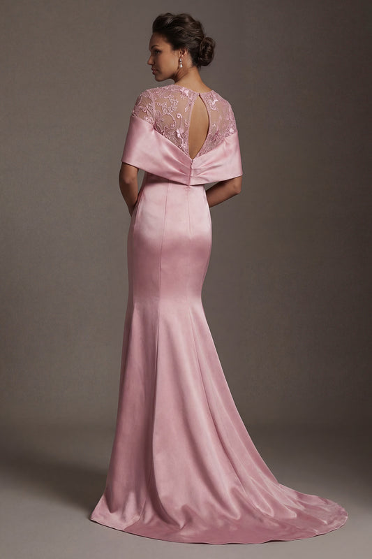 Floral Pink Mermaid Round Neck Long Mother of the Bride Dress