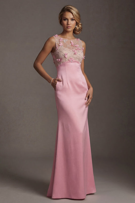 Pink Mermaid Long Floral Mother of the Bride Dress with Pocket