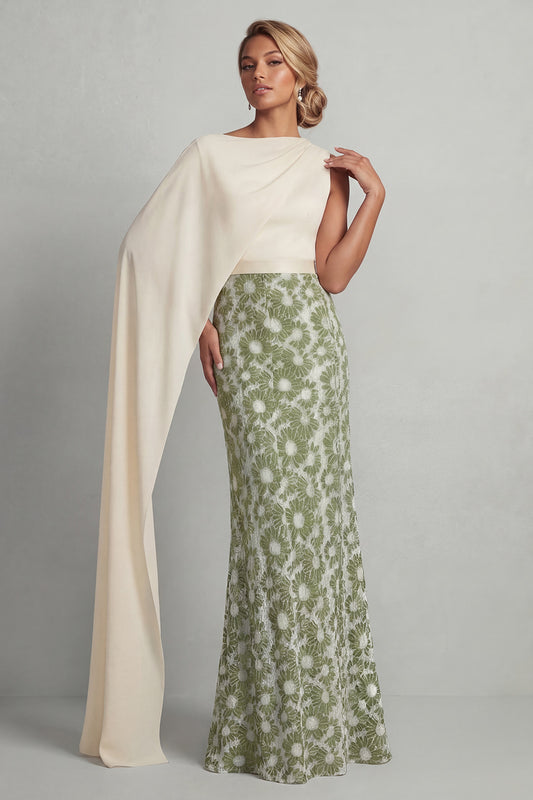 Green Mermaid Long Floral Mother of the Bride Dress with Side Cape