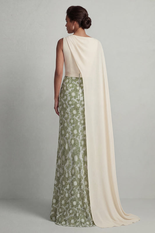 Green Mermaid Long Floral Mother of the Bride Dress with Side Cape