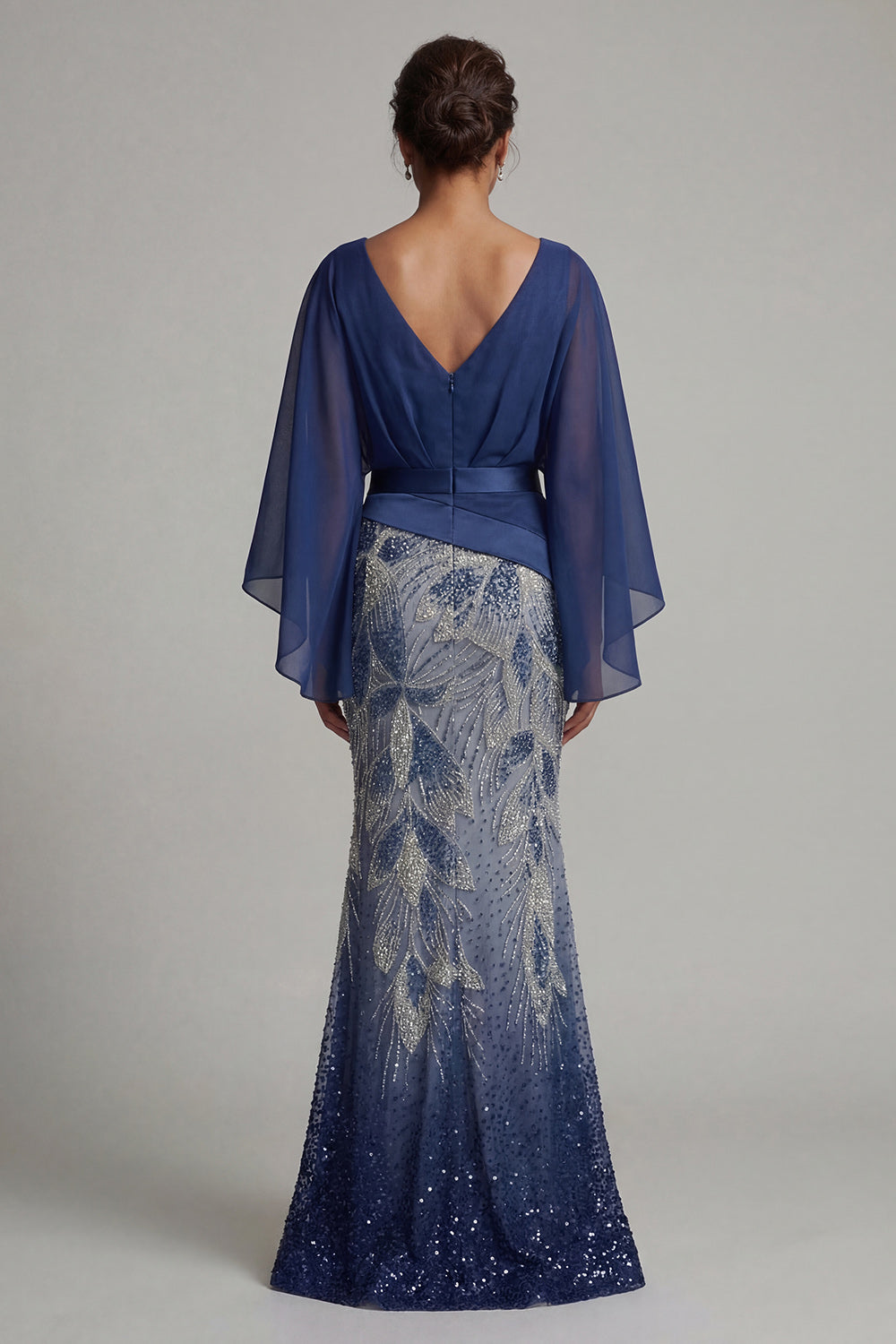 Sparkly Navy Flare Sleeves Long Mermaid Beaded Mother of the Bride Dress