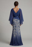 Sparkly Navy Flare Sleeves Long Mermaid Beaded Mother of the Bride Dress