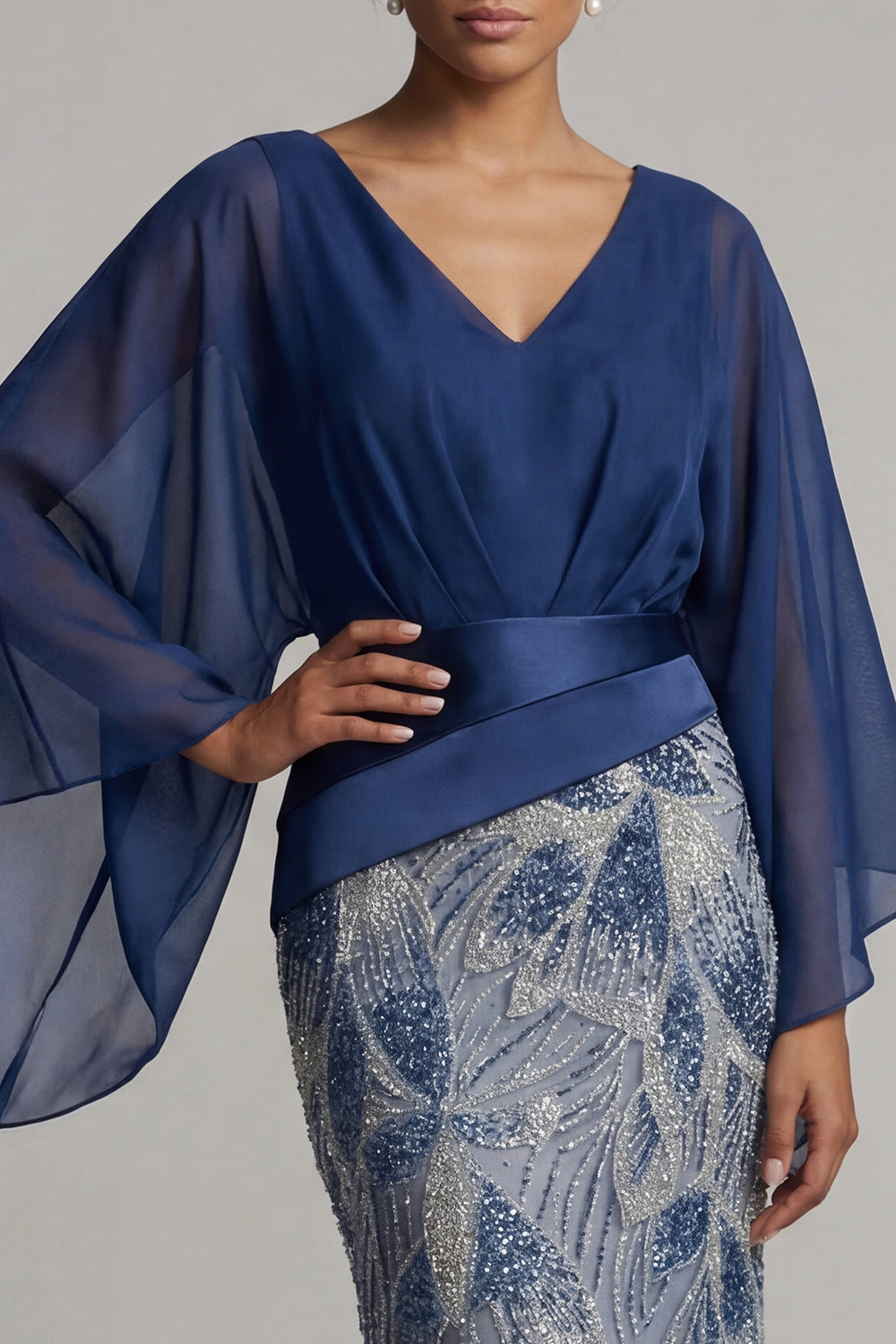 Sparkly Navy Flare Sleeves Long Mermaid Beaded Mother of the Bride Dress