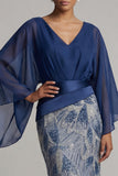 Sparkly Navy Flare Sleeves Long Mermaid Beaded Mother of the Bride Dress