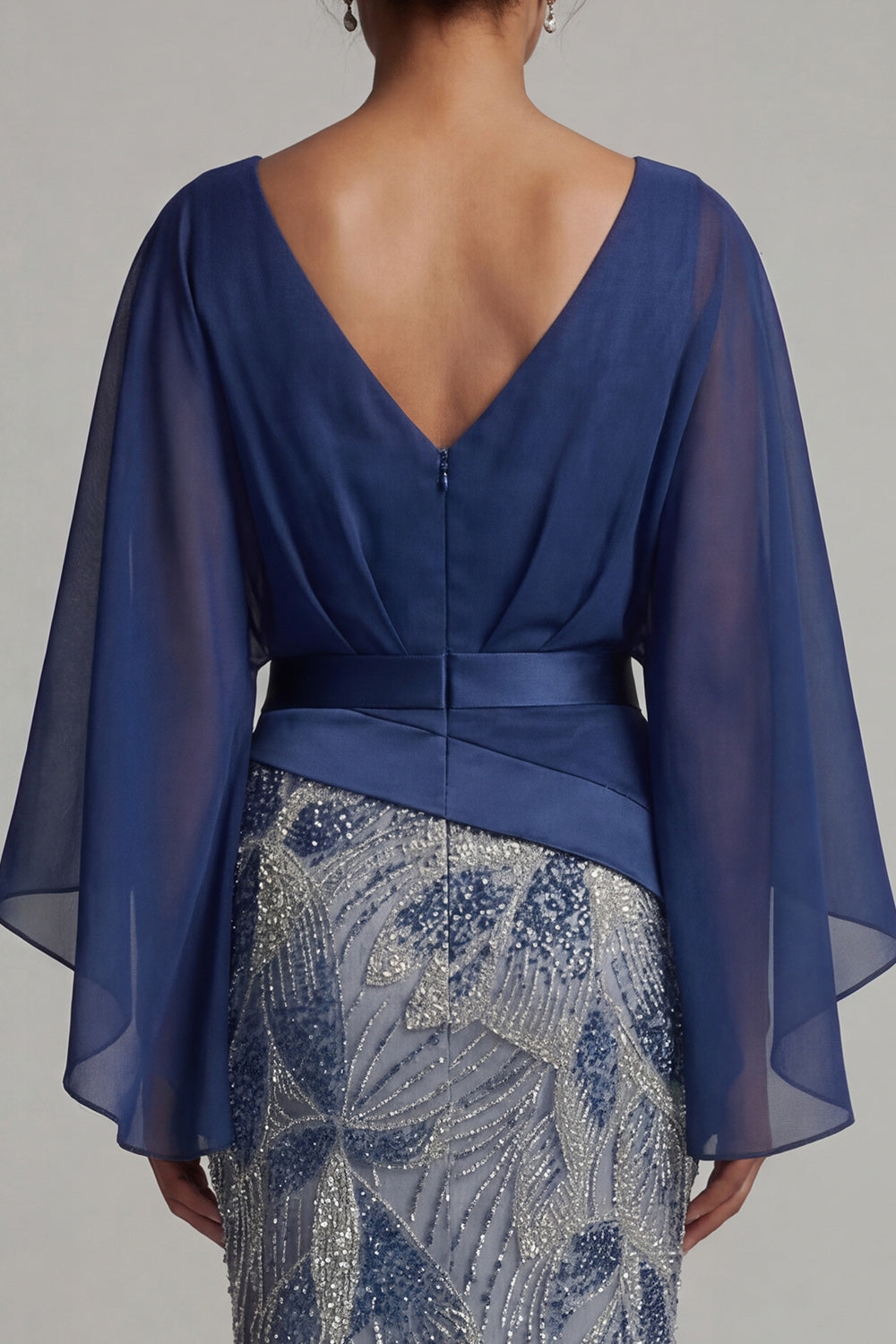 Sparkly Navy Flare Sleeves Long Mermaid Beaded Mother of the Bride Dress