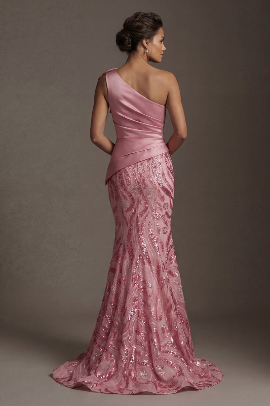 Sparkly Pink Ruched Long Mermaid Sequin Mother of the Bride Dress with Bow