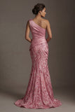 Sparkly Pink Ruched Long Mermaid Sequin Mother of the Bride Dress with Bow