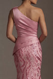 Sparkly Pink Ruched Long Mermaid Sequin Mother of the Bride Dress with Bow