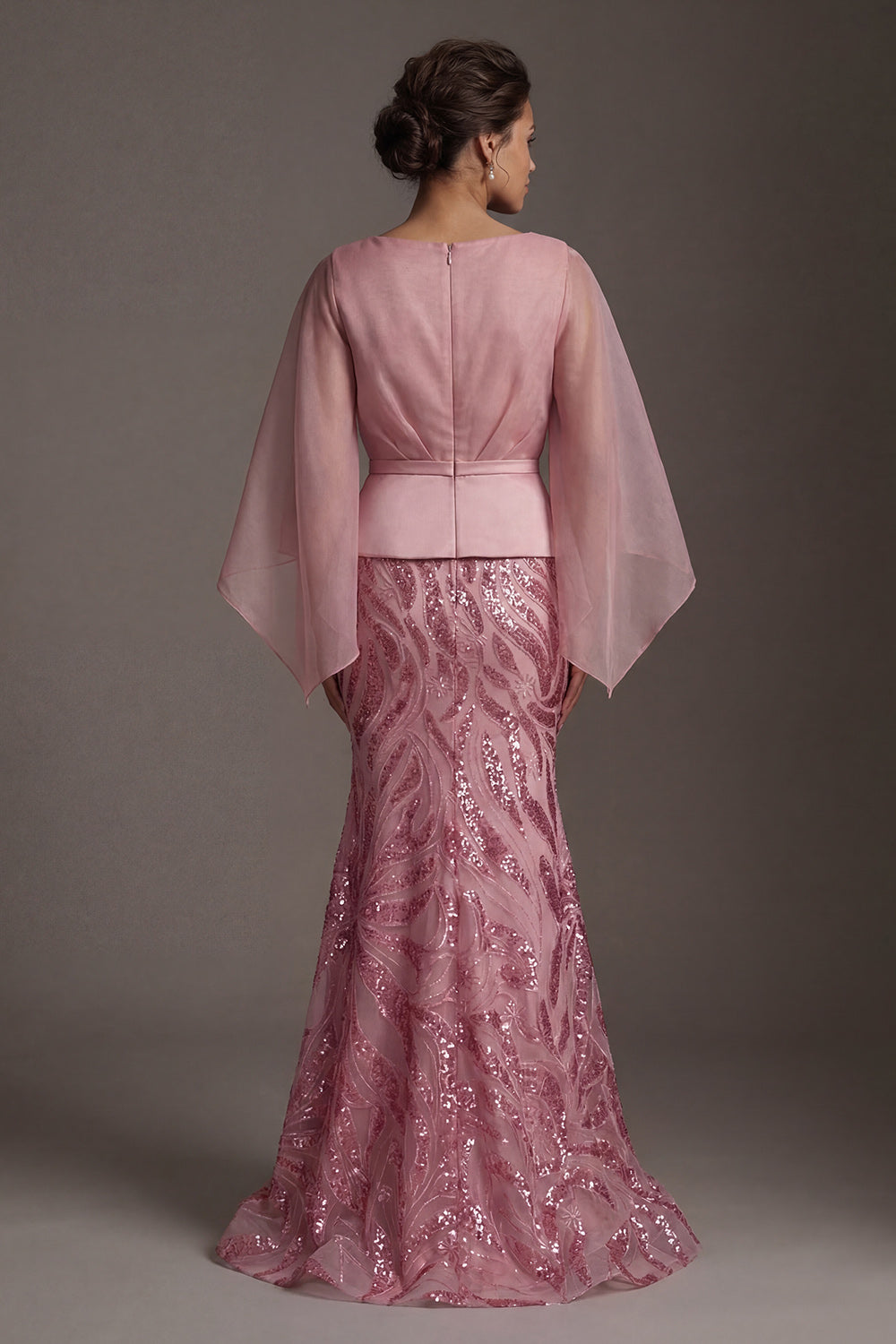Flare Sleeves Long Sparkly Pink Mermaid Sequin Mother of the Bride Dress