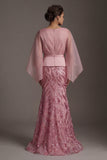 Flare Sleeves Long Sparkly Pink Mermaid Sequin Mother of the Bride Dress