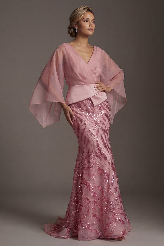 Flare Sleeves Long Sparkly Pink Mermaid Sequin Mother of the Bride Dress