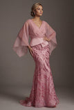 Flare Sleeves Long Sparkly Pink Mermaid Sequin Mother of the Bride Dress