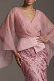 Flare Sleeves Long Sparkly Pink Mermaid Sequin Mother of the Bride Dress