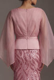 Flare Sleeves Long Sparkly Pink Mermaid Sequin Mother of the Bride Dress