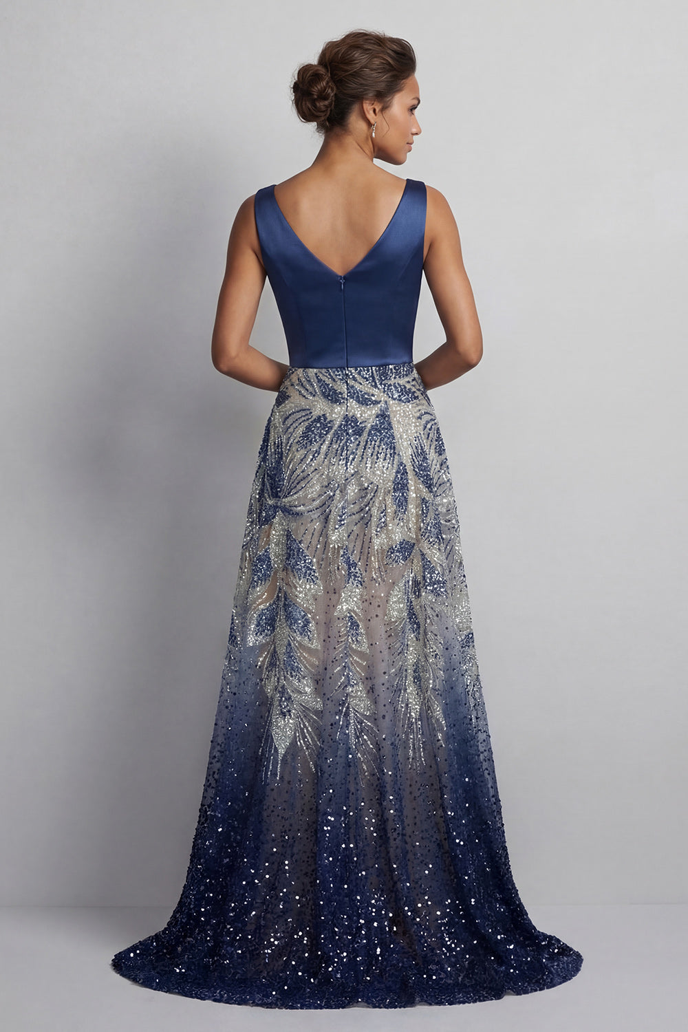 A Line Sparkly Navy Long Beaded Mother of the Bride Dress with Bow