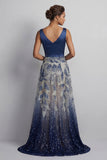 A Line Sparkly Navy Long Beaded Mother of the Bride Dress with Bow
